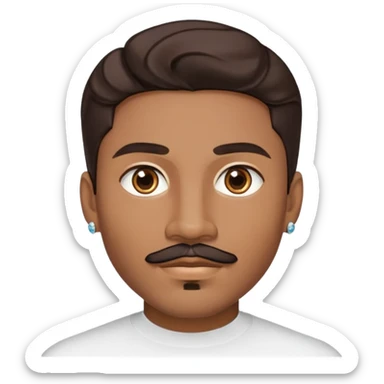 Young man with medium brown skin, mixed-race ethnicity, long wavy dark brown hair with an EXTREMELY PRECISE CENTER PART exactly aligned with the middle of the face, hair parted perfectly symmetrically on both sides, mustache separated from goatee, medium brown eyes, small diamond stud earrings, head only sticker