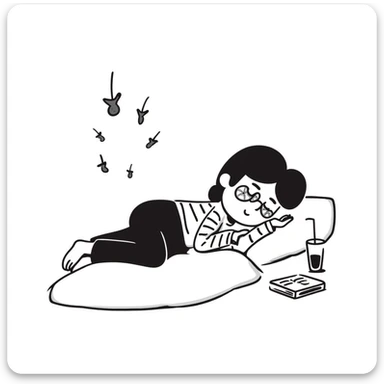 Hand drawn girl sleeping with cucumber slices on eyes and face mask, self care night sticker