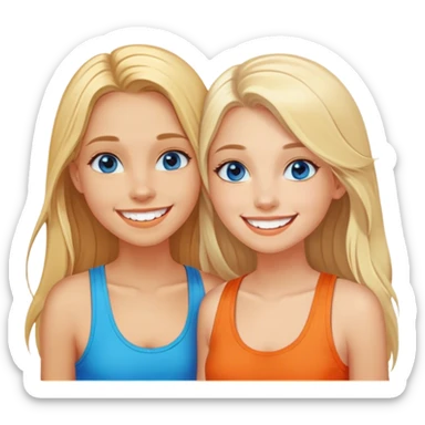Two girls both have long blonde hair standing cheek to cheek on a beach with one girl wearing an orange shirt and the second girl wearing a tank top both have bright white teeth and smiling both have beautiful blue colored eyes sticker
