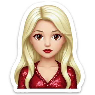 Tiffany Valentine with long platinum blonde hair, dark red sequin outfit sticker
