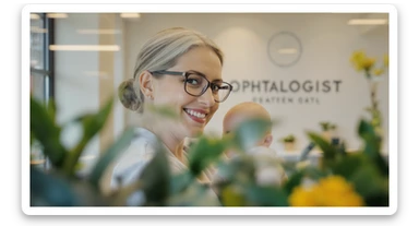 Cinematic still, blurred plants in the foreground (frame within a frame), Proffesional advertising of a smiling european white woman with glasses smiling holding baby, minimalistic ophthalmologist interior in background, leading  lines, "rule of thirds", 60/30/10 colors, soft light, warm colors sticker