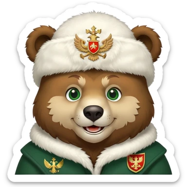 Grinning Russian bear with forest green eyes, fluffy white ushanka hat adorned with double-headed eagle coat of arms sticker