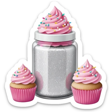 silver glitter in a small clear circular container with white lid next to a can of sprinkles and pink cupcakes  sticker