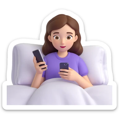 Girl lying in bed, wanting to sleep but not wanting to, staying up late playing with her phone sticker