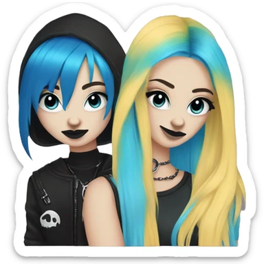 Two best friends goth style one with blue hair and a septum ring and the other with a blonde and black split dye sticker