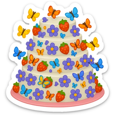 Add small colorful butterflies to the white wedding cake with strawberries, blue and purple flowers, no topper. Style: emoji style. Remove background. sticker