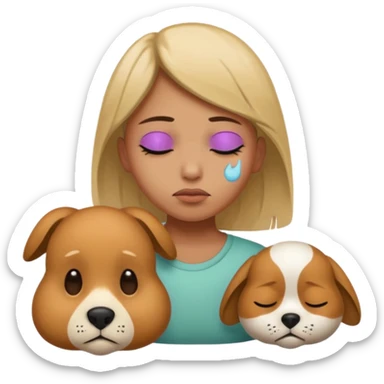 Dead pet with eyes closed with a sad master next to it sticker