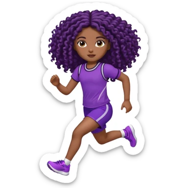 Uma boneca morena escura com olhos castanhos e cabelo cacheado longo até o peito, treinando correndo a roupa top roxo com detalhes preto e short roxo com detalhes preto sticker