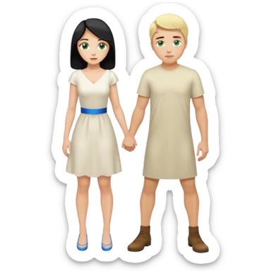 Man, black Hair, blue eyes, whole body, Woman, blonde, green eyes, White Dress, bending knees sticker