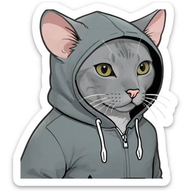 Russian blue cat with a mouse wearing a hoodie sticker