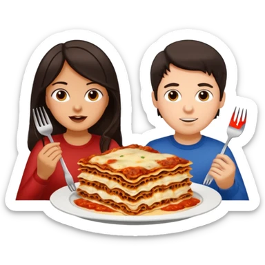 tan girl with dark hair and white guy with dark hair both with forks eating lasagna sticker