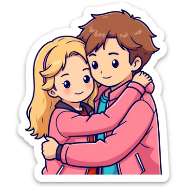 Garota loira fofa usado uma blusa rosa abraçando um garoto de cabelo castanho ondulado usando uma jaqueta vermelha  sticker