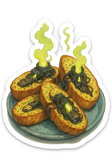 a plate of thermonuclear futuristic cyberpunk garlic bread, flawless, perfect, masterwork. highly dangerous sticker