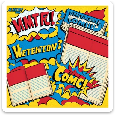 Create a vibrant emoji, representing comic books and graphic novels as an art form. The design should feature a large, opened comic book with vintage comic panels on the pages. Include a pencil (without a hand), writing text or sketching on the pages. The comic panels should have bold lines and retro-style artwork with classic comic book visuals. Use bright, energetic colors like red, yellow, and blue to evoke excitement and creativity. The overall design should feel dynamic, vintage, and artistic. Make the background transparent. sticker