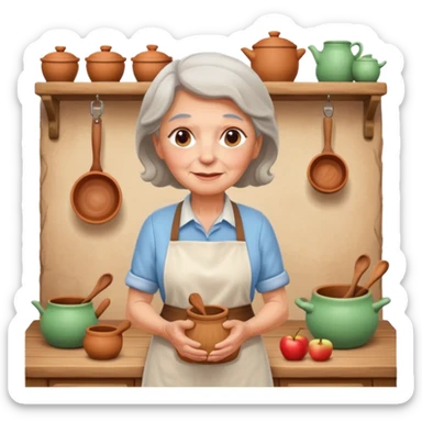 cartoon Apple iOS emoji style rural elderly woman, pastel colors, Chilean wooden kitchen background, clay pots, warm light, detailed and clean vector art sticker