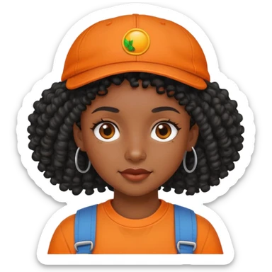 Black girl with curly mullet and a cap on in an orange shirt  sticker