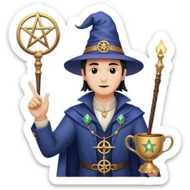 tarot card featuring The Magician, mystical figure with one hand pointing to the sky and the other to the earth, surrounded by symbols of the four suits wand cup sword pentacle, magical and empowering atmosphere sticker