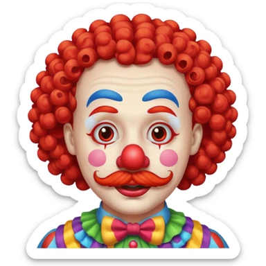 Classic clown — curly mustache, red nose sticker