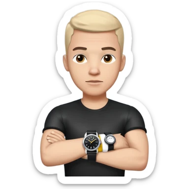 man wearing a black strap watch on his wrist portrait, head and shoulders only, wrist clearly visible, black leather strap watch worn on arm, confident expression, 3D cartoon, mobile game icon style, clean background, no text, no watermark
 sticker
