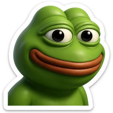 pepe in
- 3d style
- bright green
- smiling
- looking straight at the camera
- good highlights and shadows
- 30deg angled towards the left sticker