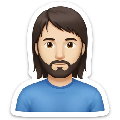 Caucasian Argentine man with long straight dark brown hair, loose hairstyle with bangs, shoulder-length hair, short full beard, serious-neutral expression, basic blue t-shirt sticker