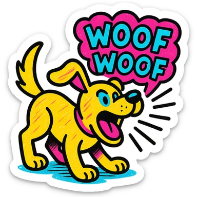 playful dog barking with mouth open in energetic pose, inspired by the phrase 'Woef Woef', vibrant pop colors style sticker