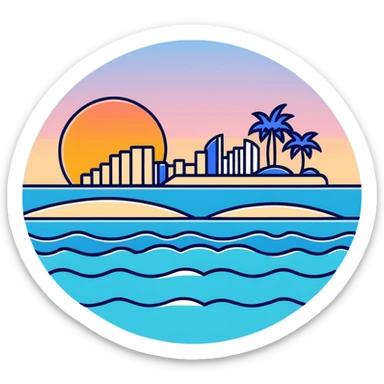 high quality sticker of Palm Jumeirah, sunset colors, palm-shaped island, ocean waves sticker