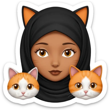 A girl with brownblack eyes and black hijab and three cats, one blackwhite girlcat and one blackwhite boy cat sticker