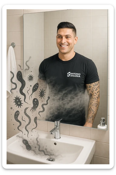 a man stands in a brightly lit bathroom, looking relieved and revitalized as he examines his reflection in the mirror. In the foreground, stylized, shadowy images of parasites (such as worms or protozoa) are shown leaving his body, dissolving into mist or fading away. His posture is upright and his expression is one of newfound energy and health. sticker