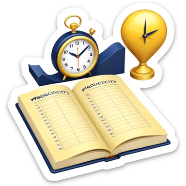 A yellow productivity book with navy blue and gold details, running clock and chart with upward trend aura, radiating productivity, strategy, and success in motion with time and happiness yellow... power in time sticker