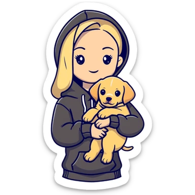 Blonde girl with smooth hair and a center part, light skin with freckles, wearing a hoodie and carrying a black baby labrador puppy in her arms sticker