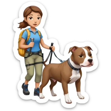 Girl with brown hair hiking with gray pit bull sticker