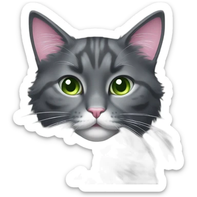 fluffy dark grey cat, pink nose, green eyes, white long whiskers, white spots near the nose, white breast sticker