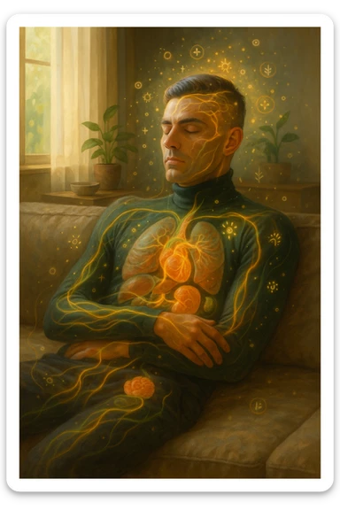 Uomo sdraiato su un divano nel primo pomeriggio, mentre fa un breve riposino. Il suo corpo appare parzialmente trasparente o stilizzato, con luce calda e flussi energetici dorati e verdi che scorrono attraverso muscoli, cervello, e organi. Intorno a lui si vedono piccoli simboli di rigenerazione: cellule che si rinnovano, tessuti che si illuminano, aura rilassata. L'ambiente è calmo e ordinato, luce naturale che entra da una finestra, atmosfera rigenerante, stile iperrealistico con accenti metaforici. sticker