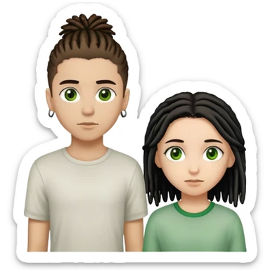 couple standing next to eachother. boy light skinned, short brown dreads, and green eyes. the girl is light skinned, straight black hair, and brown eyes sticker