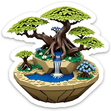 Alien Lego saucer jungle-vines mountain-island landscape antique mudman very old broken cracked intricate Stone Age rocky-crusted irregular dodecagon-shaped shallow dark moss rough bark blue serissa flowered maple tree bonsai pot sticker