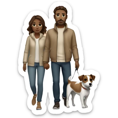 Couple with brown hair and beige outfit on a late night walk with a jack russell terrier sticker