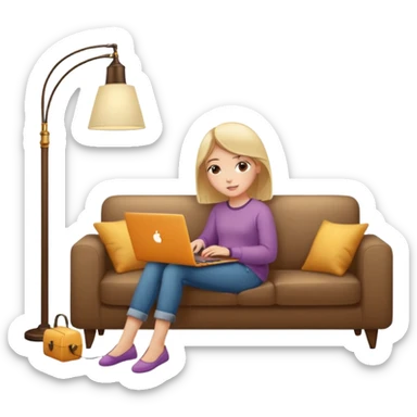 A girl is working with a laptop while lying on a sofa, with a floor lamp to the right. sticker