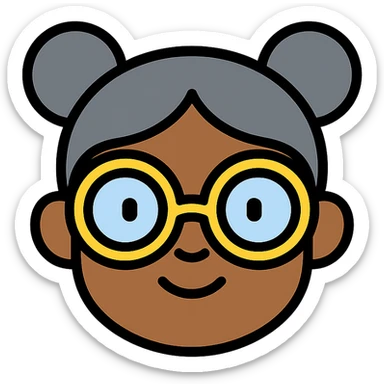 african american girl head with oversize glasses and gray hair in bunches, color outline icon sticker