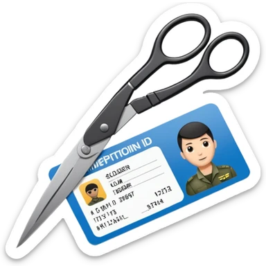 Floating black Scissors cutting an idf soldier ID card in 2 parts .hyper realistic sticker