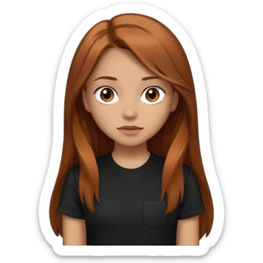 Medium copper brown long hair girl with dark brown eyes wearing a black tee sticker