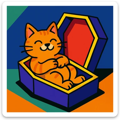 a cat in a coffin, vibrant cartoon style sticker