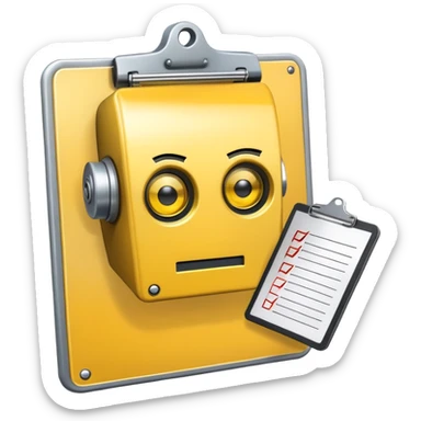 robot head with a yellow clipboard checklist with a warning symbol on it sticker