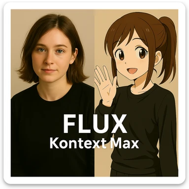 same similar image but chnage the text to "Flux Kontext Max", change people and pose too sticker