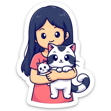 girl with long black hair holding a ginger cat sticker