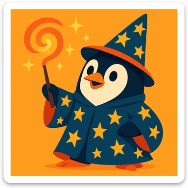 vibrant style penguin wizard casting a spell, with sparkles and a starry robe sticker