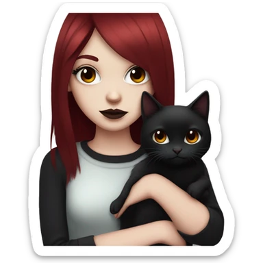 Pale girl with black eyeshadow and long  burgundy red colored hair with an emo haircut and layered holding a black cat sticker