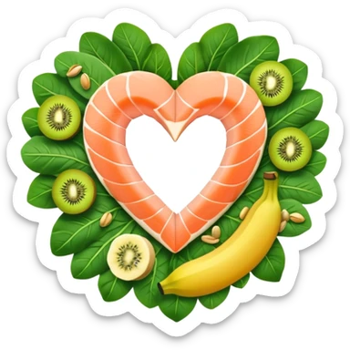 Banana, spinach leaves, salmon, kiwi, pistachios, and orange juice floating in a circle around a glowing heart that pulses with steady rhythm. Waves of electrical energy connect the foods to the heart, muscles, and nerve pathways, showing how potassium regulates fluid balance and electrical signals. sticker
