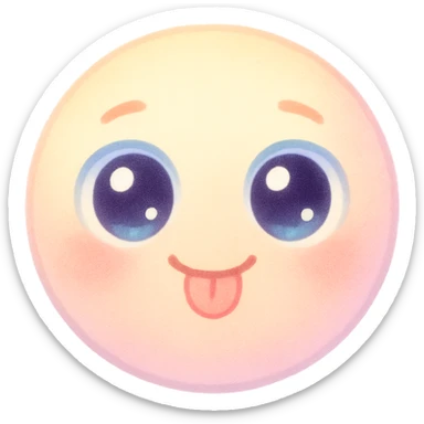 cute emoji, round face, big sparkling eyes, tiny tongue sticking out, playful, pastel colors sticker