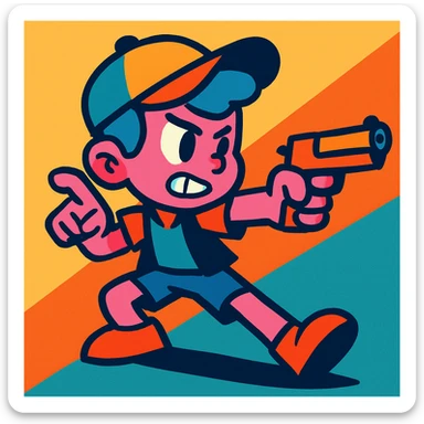 stylized boy with pink skin, blue hair, and a hat, holding and pointing a gun, dynamic pose, vibrant colors sticker